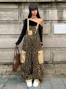 StreetHx Casual Street Style Leopard Print Cargo Overall Jumpsuit With Contrast Pockets, Loose Drape, Versatile Sleeveless Wide Leg Denim Dungarees - Multicolor - View 3