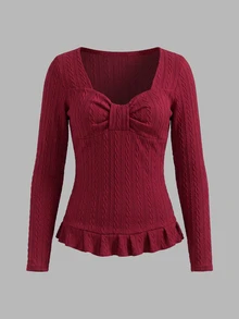 IslaSuriya Women's Solid Color Pleated Long Sleeve Textured Casual Top - Burgundy - View 5
