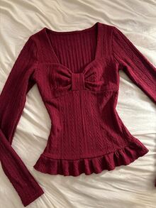 IslaSuriya Women's Solid Color Pleated Long Sleeve Textured Casual Top - Burgundy - View 1