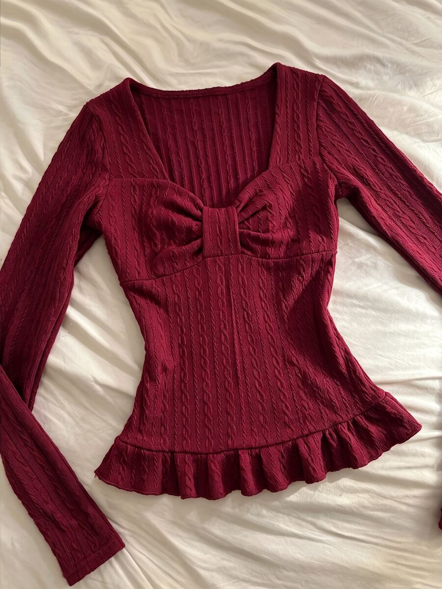 IslaSuriya Women's Solid Color Pleated Long Sleeve Textured Casual Top - Burgundy - View 1
