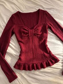 IslaSuriya Women's Solid Color Pleated Long Sleeve Textured Casual Top - Burgundy - View 4