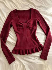 IslaSuriya Women's Solid Color Pleated Long Sleeve Textured Casual Top - Burgundy - View 3