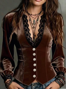 Glimmora Autumn/Winter Women's Fashion Solid Color Exquisite Lace Trim Patchwork Collar Long Sleeve Button Up Blouse - Brown - View 3