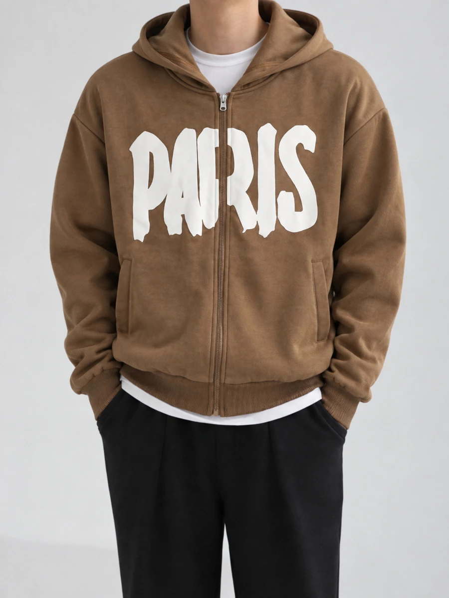 1pc Teen Boys Coffee Brown Jacket, PARIS Puff Print Lettering On Chest ...
