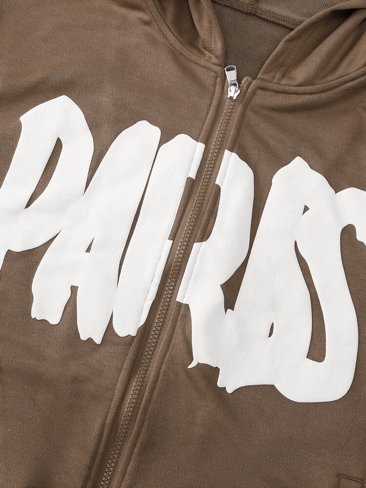 1pc Teen Boys Coffee Brown Jacket, PARIS Puff Print Lettering On Chest, Suitable For Autumn/Winter Outdoor Activities - Coffee Brown - View 7
