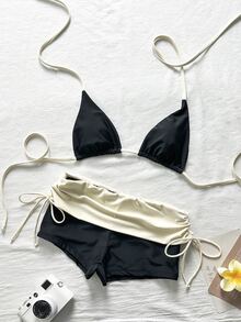 SHEIN Swim Halter Triangle Bikini Set With High-Waist Shorts, Summer Hot Spring Vacation Swimwear, Suitable For Beach Party Black Sexy Casual Modest - Black - View 5