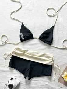 SHEIN Swim Halter Triangle Bikini Set With High-Waist Shorts, Summer Hot Spring Vacation Swimwear, Suitable For Beach Party Black Sexy Casual Modest - Black - View 2