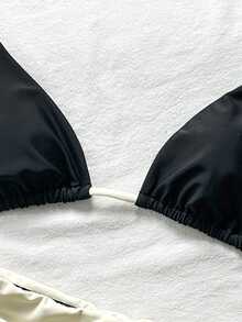 SHEIN Swim Halter Triangle Bikini Set With High-Waist Shorts, Summer Hot Spring Vacation Swimwear, Suitable For Beach Party Black Sexy Casual Modest - Black - View 6