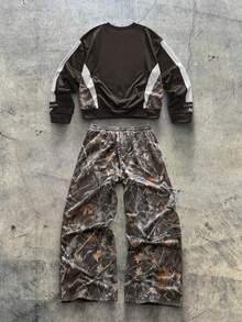 SWAVVY Men's AXEPEAK Casual Pullover Pullover Sweatshirt + Fashionable Wide-Leg Pants Set - Brown - View 2