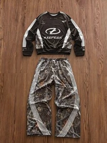 SWAVVY Men's AXEPEAK Casual Pullover Pullover Sweatshirt + Fashionable Wide-Leg Pants Set - Brown - View 1