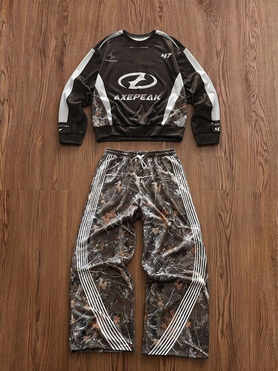 SWAVVY Men's AXEPEAK Casual Pullover Pullover Sweatshirt + Fashionable Wide-Leg Pants Set