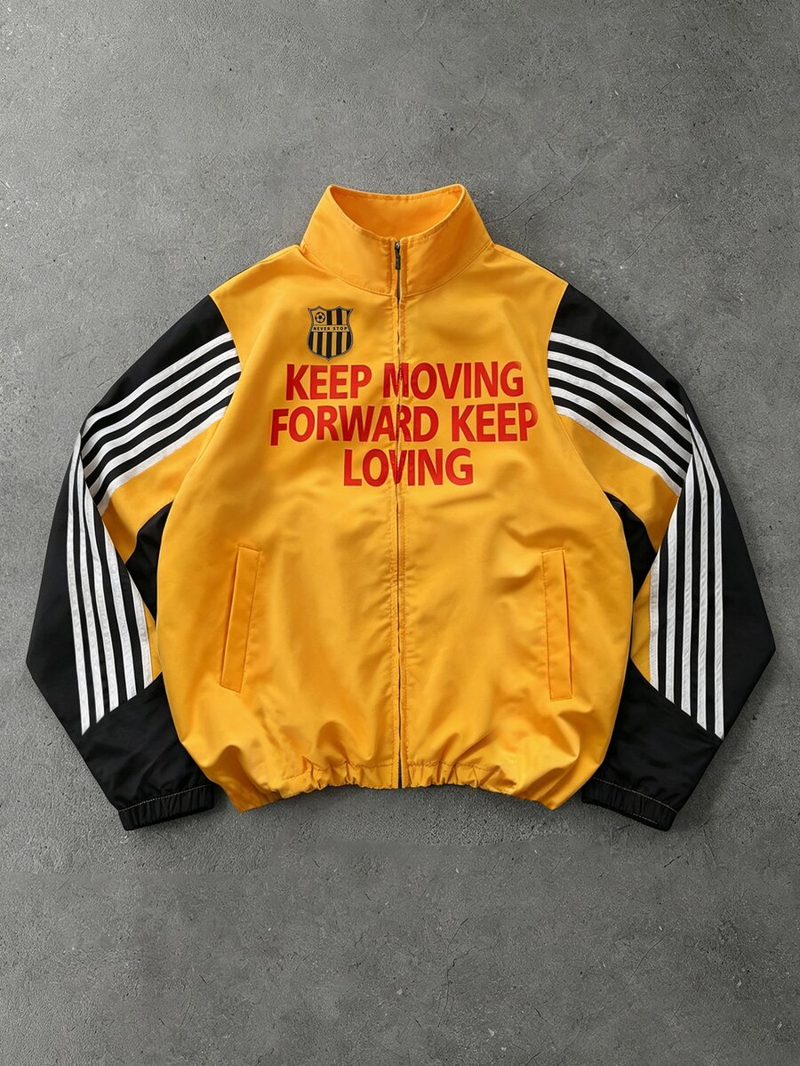 ROMWE MEN Men's Colorblock Zip-Up Stand Collar Long Sleeve Jacket, Soccer Jersey Cardigan Jacket - Yellow - View 1