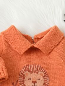 SHEIN 新生兒嬰兒毛衣風連身衣附襪子，彼得潘領＋精緻刺繡，長袖小紳士風，日常百搭爬行裝 - 橘色 - 查看 3