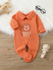SHEIN 新生兒嬰兒毛衣風連身衣附襪子，彼得潘領＋精緻刺繡，長袖小紳士風，日常百搭爬行裝 - 橘色 - 查看 1