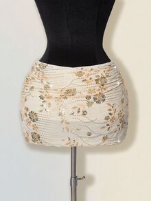 SHEIN ICON Women's Sequin Embroidered Overlap Ruched Bodycon Mini Skirt - Apricot - View 2