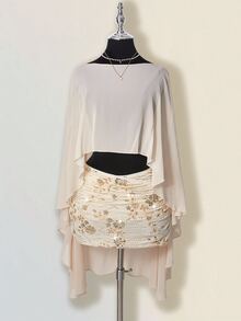 SHEIN ICON Women's Sequin Embroidered Overlap Ruched Bodycon Mini Skirt - Apricot - View 7