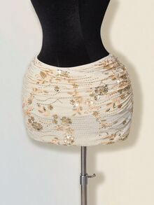 SHEIN ICON Women's Sequin Embroidered Overlap Ruched Bodycon Mini Skirt - Apricot - View 3