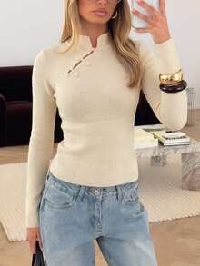 Glamine Charm Women's Long Sleeve Fitted Elegant Sweater With Frog Button Design - Apricot - View 9