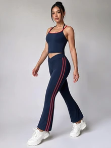 Dewbera Dewbera Women's High Elasticity Colorblock 2 Pieces Sports Set, 2 In 1 Yoga Workout Running - Navy Blue - View 6