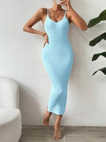 SHEIN Clasi Women's Solid Color Elegant Waist Cinched Knit Camisole Dress, Suitable For Dates And Parties - Blue - View 6