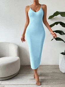 SHEIN Clasi Women's Solid Color Elegant Waist Cinched Knit Camisole Dress, Suitable For Dates And Parties - Blue - View 4
