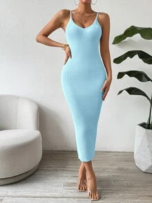 SHEIN Clasi Women's Solid Color Elegant Waist Cinched Knit Camisole Dress, Suitable For Dates And Parties - Blue - View 5