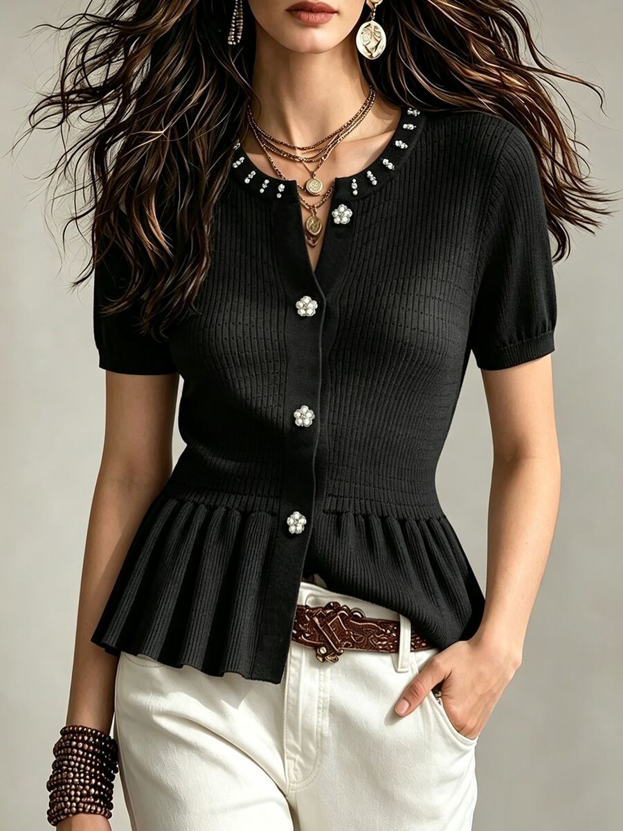 Franclia Women's Black Summer Elegant Dining Short Sleeve Cardigan,Daily Round Neck Fitted Solid Color Top With Rhinestone & Pearl Button Decor,Ruffle Hem - Black - View 1