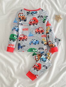 SHEIN 2件組男童幼兒貼身睡衣套裝，秋季，可愛卡通酷車挖掘機工程車印花，柔軟高彈長袖褲 - 灰色 - 查看 3