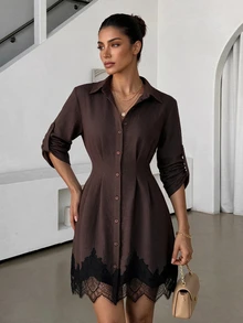 SHEIN Clasi Women's Autumn/Winter Fashion Versatile Commute Floral Print Shirt Dress - Brown - View 3
