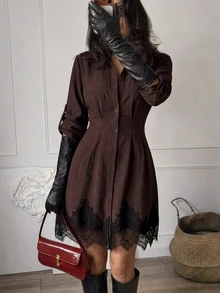 SHEIN Clasi Women's Autumn/Winter Fashion Versatile Commute Floral Print Shirt Dress - Brown - View 1