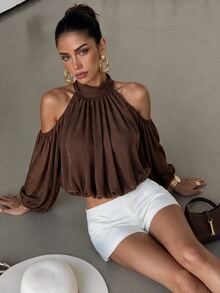 Lavishia Women's Solid Color Halter Neck Chiffon Sheer Cold Shoulder Blouse,Autumn Outfits For Women - Mocha Brown - View 3