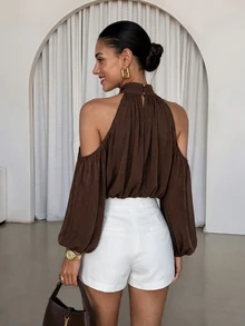 Lavishia Women's Solid Color Halter Neck Chiffon Sheer Cold Shoulder Blouse,Autumn Outfits For Women - Mocha Brown - View 2