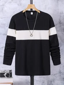 SHEIN Mirajuku 青少年男孩休閒色塊圓領毛衣T卹，棉亞麻混紡 - 黑色 - 查看 3