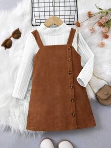 SHEIN Young Girl Little Girls Solid Mock Neck Ribbed Knit Long Sleeve Tee & Brown Button Decor Corduroy Pinafore Dress Set - Multicolor - View 3