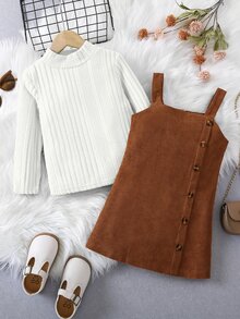 SHEIN Young Girl Little Girls Solid Mock Neck Ribbed Knit Long Sleeve Tee & Brown Button Decor Corduroy Pinafore Dress Set - Multicolor - View 4