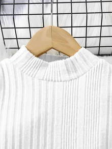 SHEIN Young Girl Little Girls Solid Mock Neck Ribbed Knit Long Sleeve Tee & Brown Button Decor Corduroy Pinafore Dress Set - Multicolor - View 6