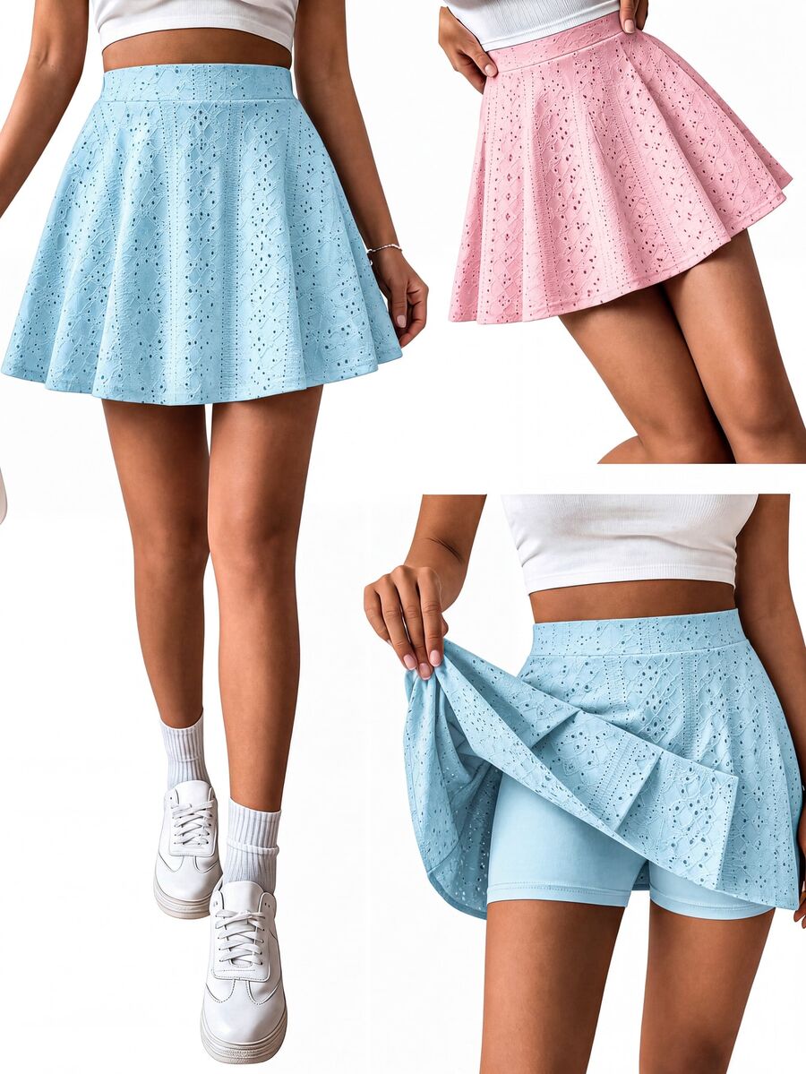 SHEIN Tween Girls Fall Clothes Eyelet Embroidery Casual Athletic Flared Knit Leggings Skirt Back To School Autumn Tennis Light Blue Light Pink Sport