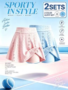 SHEIN Tween Girls Fall Clothes Eyelet Embroidery Casual Athletic Flared Knit Leggings Skirt Back To School Autumn Tennis Light Blue Light Pink Sport - Multicolor - View 4