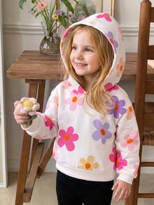 SHEIN Baby Girls' Casual Cute And Sporty Multicolor Flower Pattern Hooded Long Sleeve Sweatshirt For Daily Wear School Outing City Break Graduation Autumn - Multicolor - View 1