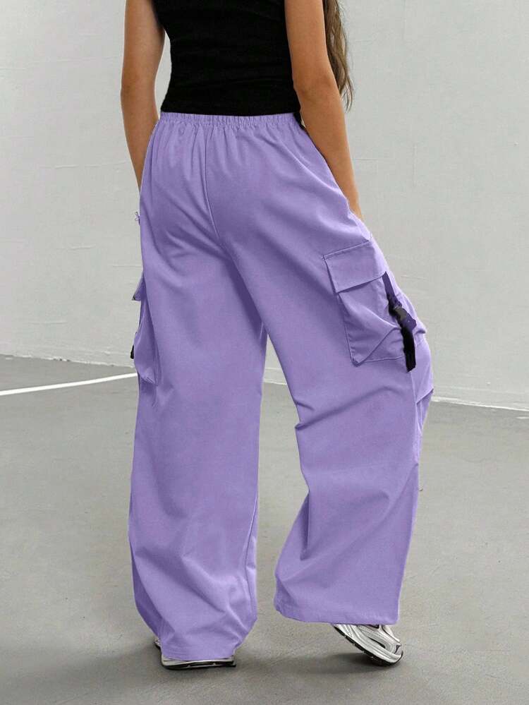 SHEIN Celana Panjang Longgar Berlipit dengan Kantong Kargo Pinggang Elastis untuk Anak Perempuan Remaja, Pakaian Musim Gugur, Pakaian Kasual Seragam Streetwear, Minimalis, Kembali ke Sekolah, Payet Biru - Purple - View 2