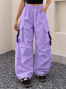 SHEIN 青少年女孩秋季彈性腰工裝口袋百褶寬腿褲，休閒街頭風校服，極簡回校風，藍色亮片 - 紫色 - 查看 4