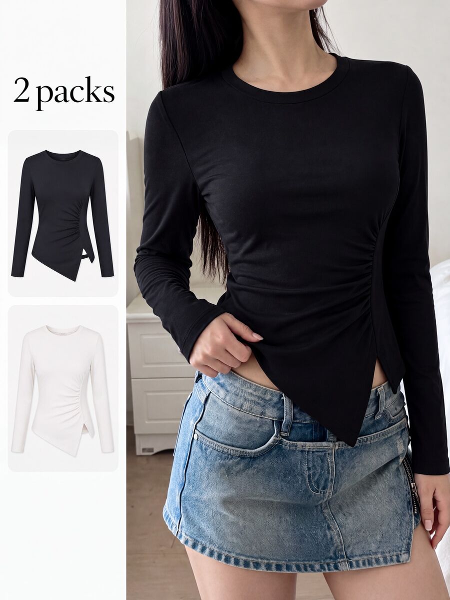 SHEIN Teen Girl Fall Top 2pcs Streetwear Solid Color Asymmetric Hem Knit Long Sleeve T-Shirt, Casual, Autumn, Holiday - Multicolor - View 1