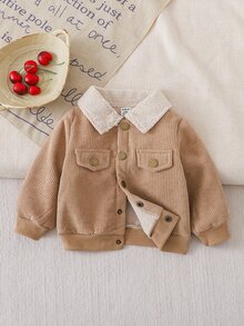SHEIN Jaket Bayi Laki-laki Kasual Sederhana Gaya Barat dengan Kantong Lipat dan Lapisan Termal, Cocok untuk Musim Gugur/Musim Dingin Warna Khaki - Khaki - View 4