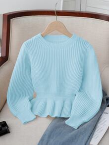 SHEIN Knitted Long Sleeve Top Kids Korean Style Autumn/Winter New Elegant Versatile Fashion Slim Fit Ruffle Waist Short Sweater - Baby Blue - View 1