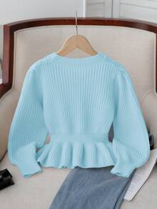 SHEIN Knitted Long Sleeve Top Kids Korean Style Autumn/Winter New Elegant Versatile Fashion Slim Fit Ruffle Waist Short Sweater - Baby Blue - View 2