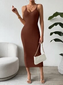 SHEIN Clasi Women's Solid Color Elegant Sexy Waist Cinched Knit Camisole Dress, Suitable For Dates Night And Parties Coffee Brown Autumn - Brown - View 8