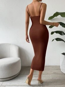 SHEIN Clasi Women's Solid Color Elegant Sexy Waist Cinched Knit Camisole Dress, Suitable For Dates Night And Parties Coffee Brown Autumn - Brown - View 2