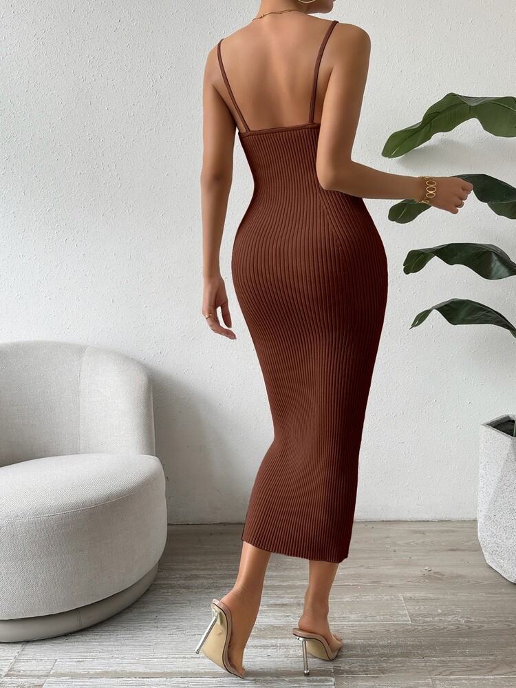 SHEIN Clasi Gaun Camisole Rajut Elegan Seksi Warna Polos untuk Wanita, Cocok untuk Kencan Malam dan Pesta, Warna Cokelat Kopi Musim Gugur - Coklat - View 2