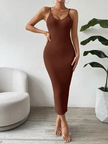 SHEIN Clasi Women's Solid Color Elegant Sexy Waist Cinched Knit Camisole Dress, Suitable For Dates Night And Parties Coffee Brown Autumn - Brown - View 6