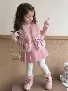 SHEIN 蓬松开衫和百褶裙两件套，可爱百搭，适合秋冬季女宝宝粉色连衣裙、女宝宝仿皮草背心两件套、女宝宝服装、女宝宝冬季服装、女宝宝秋季秋装 - 粉色 - 查看 3